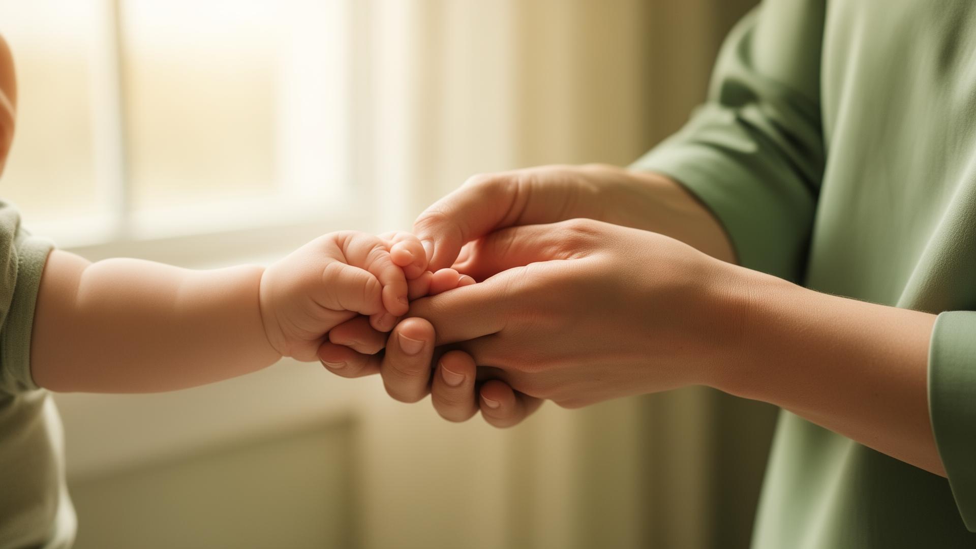 Caregiver gently holding a baby's hand